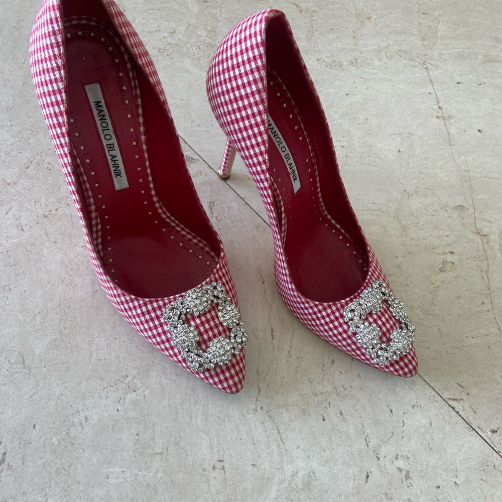 Manolo Blahnik Red Checkered Heels with Crystal Buckle